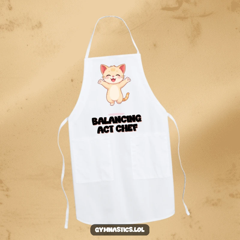 Funny Kitten Apron showing a happy cat balancing on one paw, arms gracefully posed, perfect for kitchen humor.