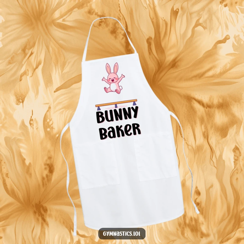 Funny bunny balance beam apron showing a pink bunny leaping high in the air with arms outstretched, designed for humorous kitchen use.