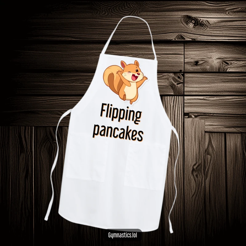 Funny apron showcasing a playful squirrel doing a somersault with a huge grin, ready for kitchen adventures.