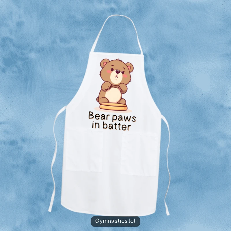 Funny Bear Cub Apron showing a curious cub stretching its front paws onto a pommel horse, perfect for kitchen humor.