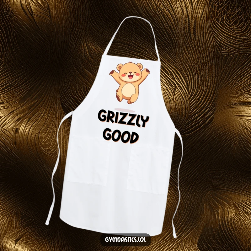 Funny apron showcasing a joyful, round bear cub performing a graceful leap in the air, ideal for a happy kitchen.