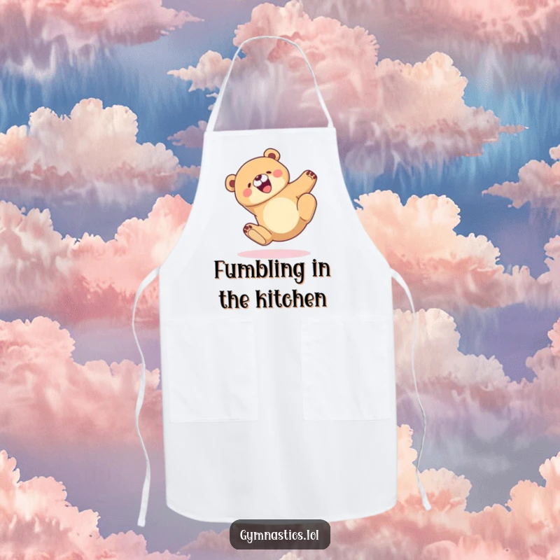 Funny Apron featuring a cartoon bear executing a graceful tumble and landing perfectly, ready to cook up a storm with joy.