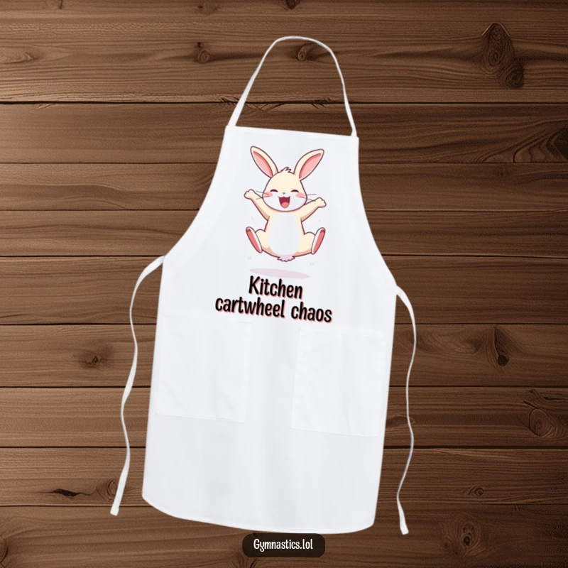 Funny apron with a bouncy rabbit performing a cartwheel with sheer joy, designed for playful kitchen antics and energy.
