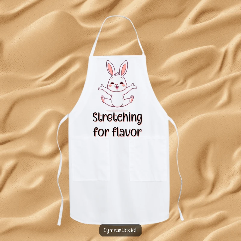 Funny bunny apron showing a cheerful bunny performing an askew split, bringing flexibility and humor to the kitchen.