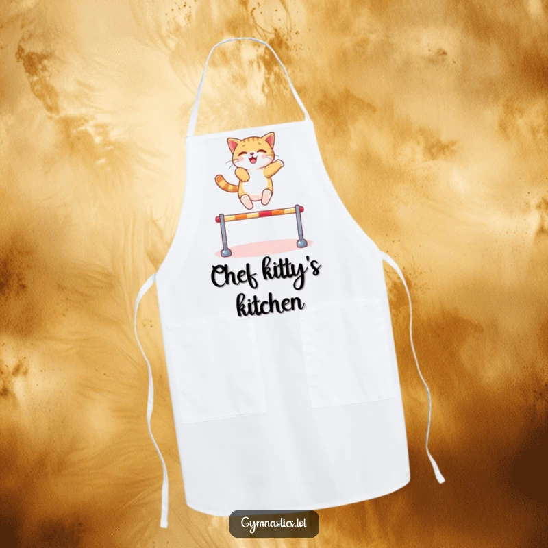 Funny Cat Apron: A confident cat leaps over a miniature hurdle with ease, bringing kitchen agility and feline humor, a fantastic funny gift.