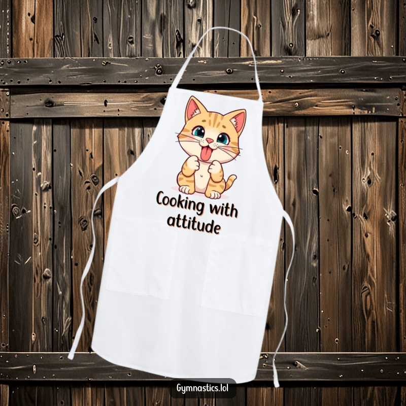 Funny Cat Yoga Apron: A curious cat sticks its tongue out while holding a pose, making this a humorous and practical kitchen essential.
