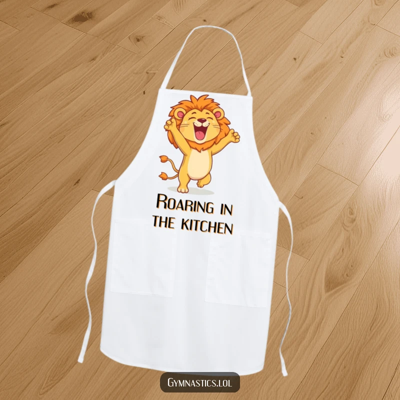 Funny lion apron showing a proud lion performing a handstand and roaring with glee, bringing power and humor to the kitchen.