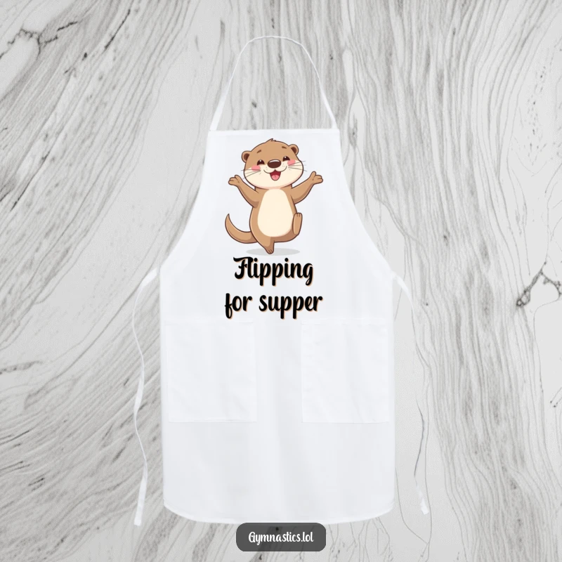 Funny otter apron showing a happy otter balancing on one hand with legs in the air, making kitchen tasks more fun and humorous.