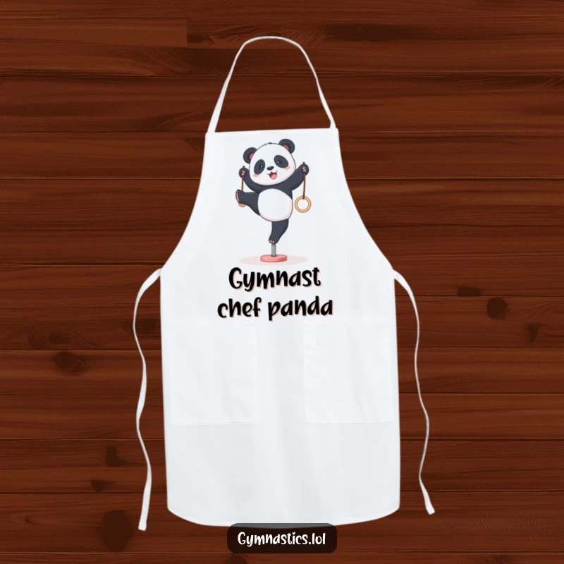 Funny panda gymnastics apron, depicted hilariously attempting a wobbly handstand on tiny rings, adding a humorous touch to kitchen tasks.