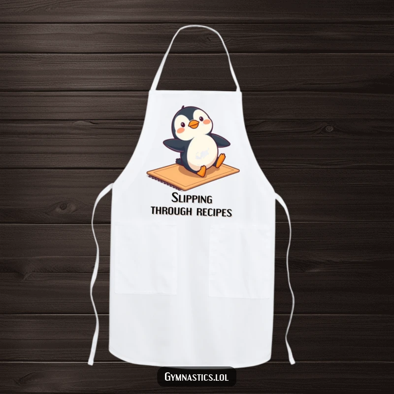 Funny apron showing a penguin performing a playful slide on a mat, ideal for adding humor to kitchen tasks.