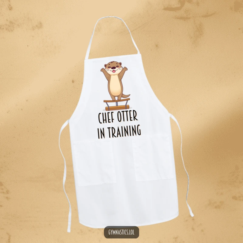 Funny apron with a smiling otter doing a graceful handstand on a balance beam, designed for playful kitchen balancing acts.