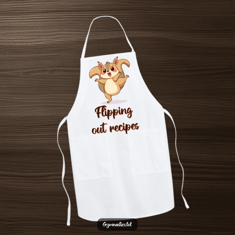 Funny apron showcasing a surprised squirrel doing a cartwheel with its tail twirling, ideal for a humorous cooking experience.
