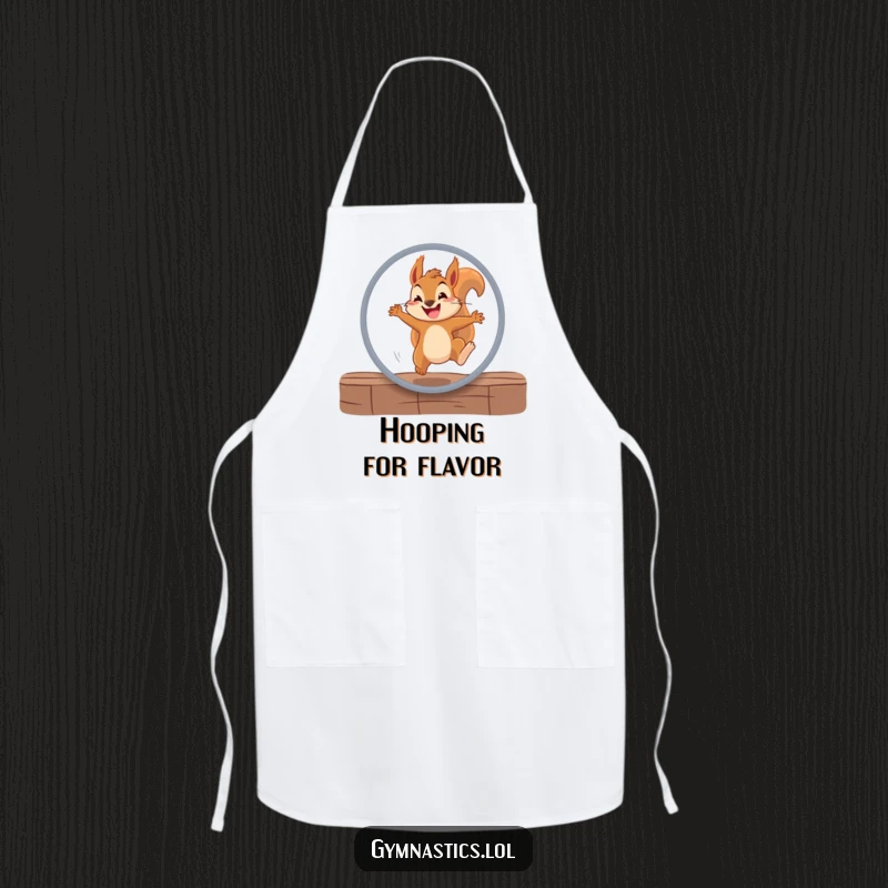 Funny squirrel apron showing a determined squirrel jumping through a hoop with a grin, adding fun and protection for the wearer.