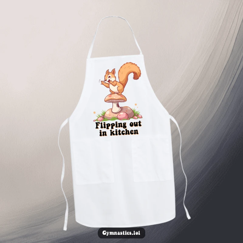 Funny apron depicting a squirrel energetically performing a somersault on a bouncy mushroom, ideal for a cheerful cooking experience.