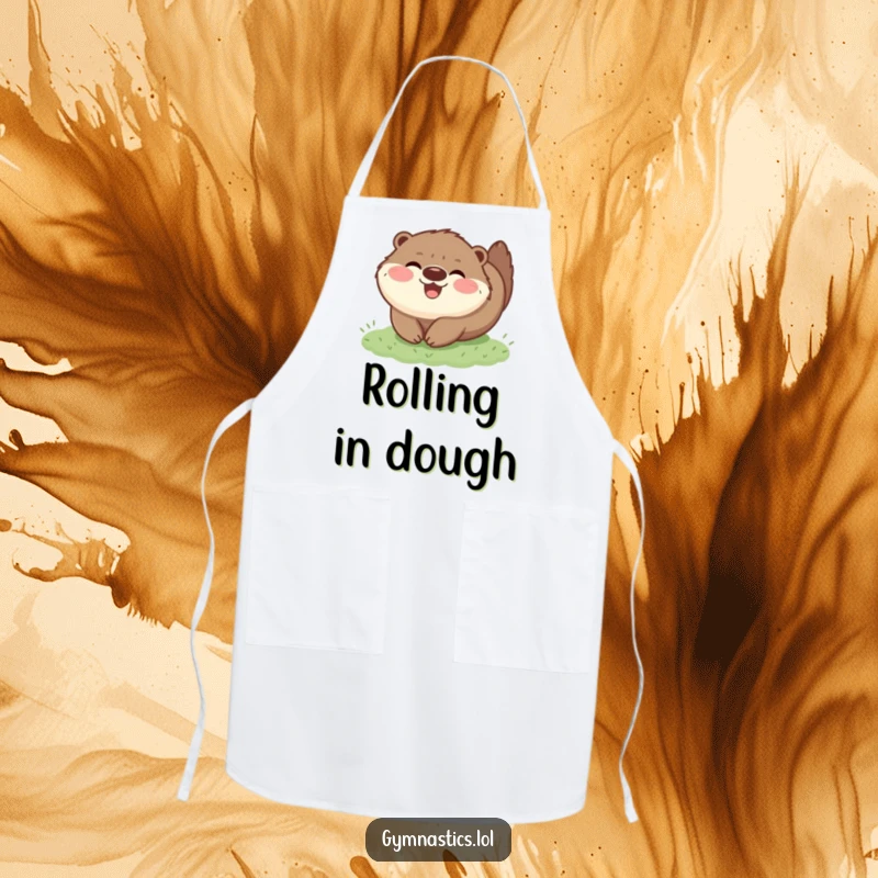 Funny apron showcasing a happy, fluffy otter tumbling on grass, ideal for a joyful and humorous cooking experience.