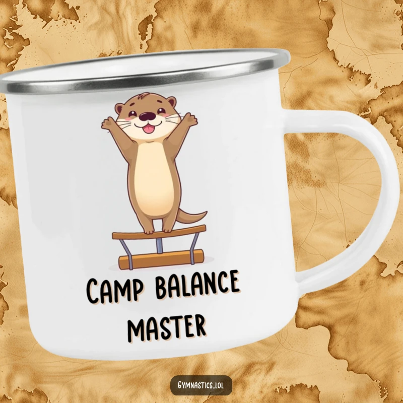 Funny camping mug featuring a smiling otter doing a graceful handstand on a balance beam, ideal for outdoor enjoyment.