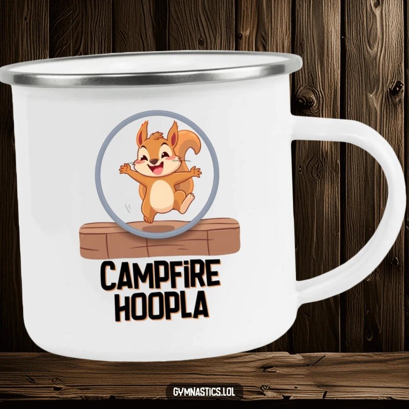 Funny squirrel camping mug showing a determined squirrel jumping through a hoop with a grin, perfect for outdoor enthusiasts who love humor.