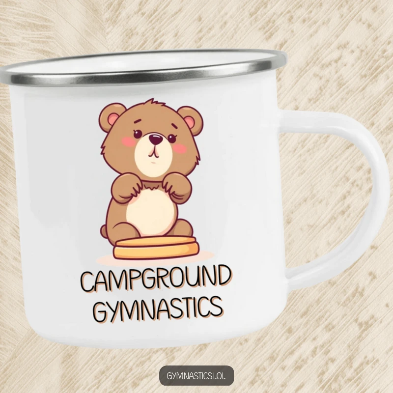 Funny Bear Cub Camping Mug with a curious cub stretching its front paws onto a pommel horse, for outdoor humor.