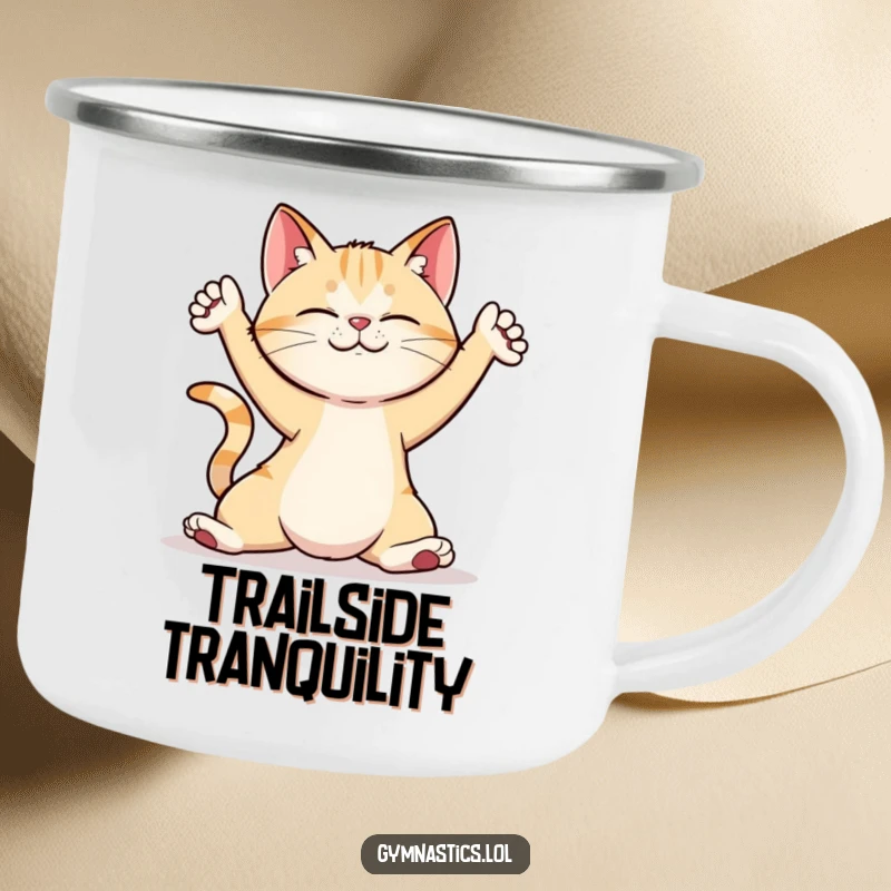 Funny cat in a yoga pose on an enamel camping mug, designed for outdoor humor and relaxation.