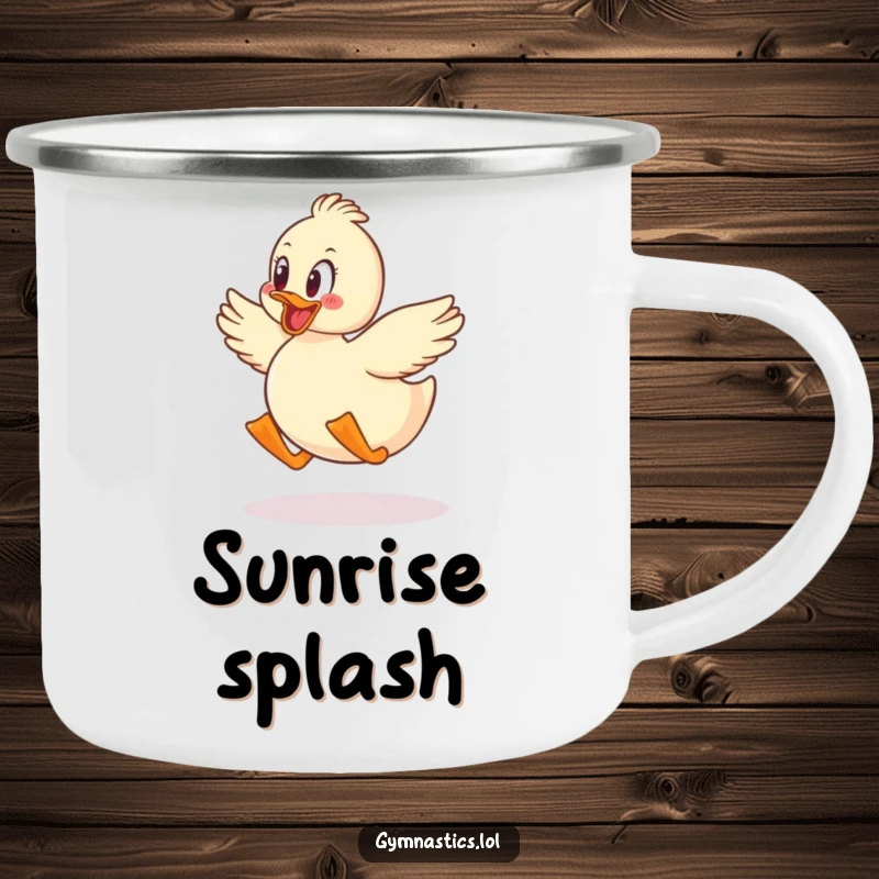 Funny duck jumping with glee on an enamel camping mug, designed for outdoor humor and joy.