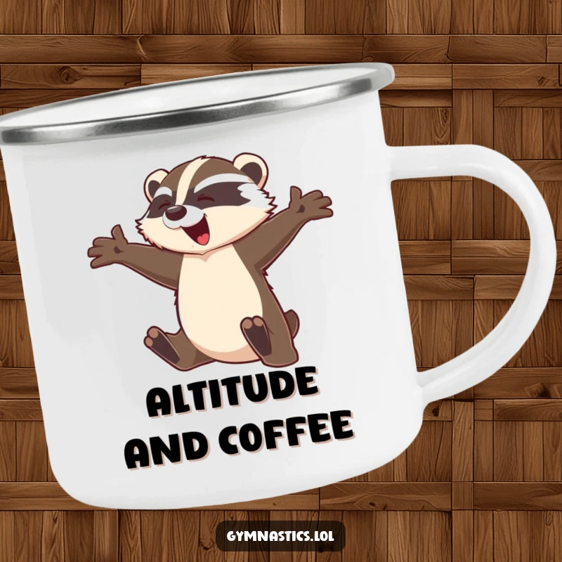 Funny badger camping mug showing a graceful badger leaping mid-flight with arms outstretched, perfect for outdoor enthusiasts who love humor.