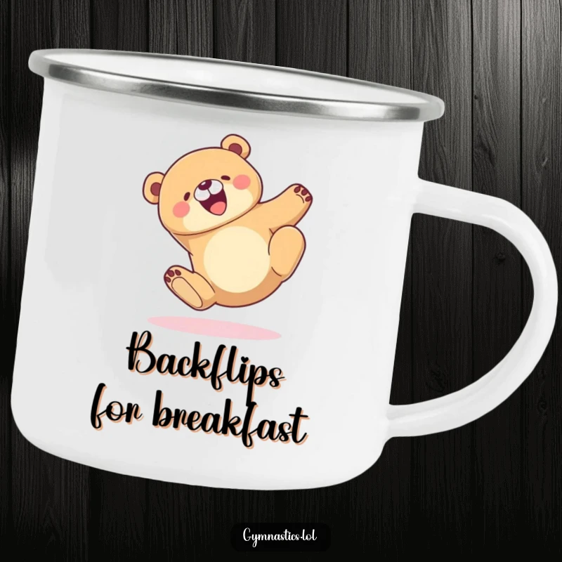 Funny Camping Mug with a joyful bear tumbling gracefully and landing on its feet, perfect for outdoor use and a good laugh.