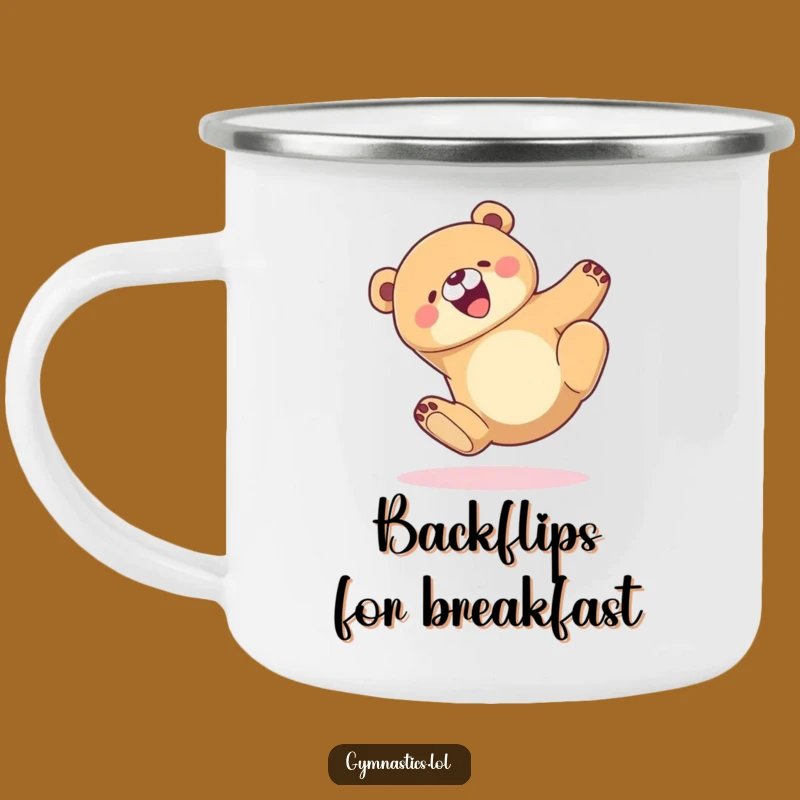 Funny Bear Tumble Camping Mug: Enamel Cartoon Bear Landing Gracefully, Outdoor Funny Gift