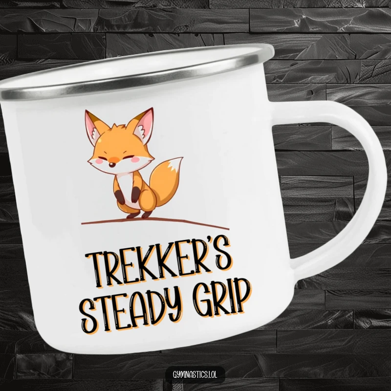 Funny fox camping mug showing a determined fox precariously balancing on a balance beam, for outdoor enthusiasts with a sense of humor.