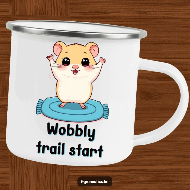 Funny camping mug featuring a plump hamster with wide eyes doing a shaky handstand on a blue mat, ready for outdoor fun.