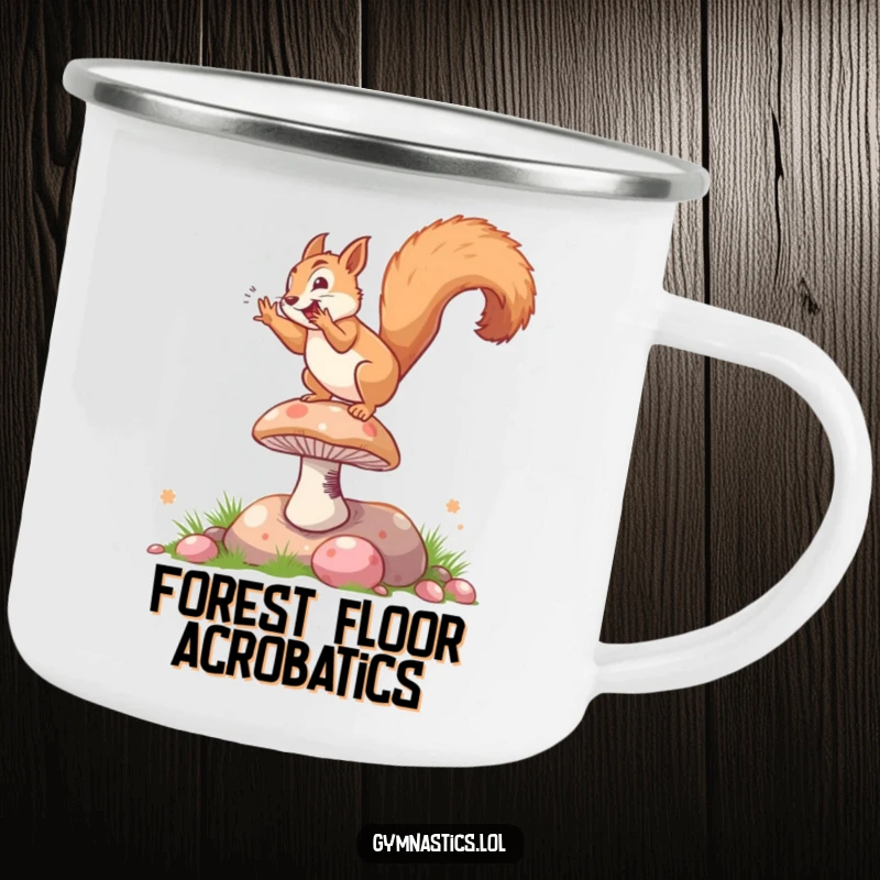 Funny camping mug showing a squirrel mid-somersault on a springy mushroom, ready for outdoor adventures and good times.