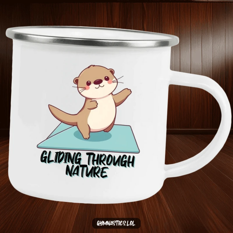 Funny otter camping mug showing a graceful otter gliding across a floor exercise mat, arms sweeping, perfect for elegant outdoor fun.