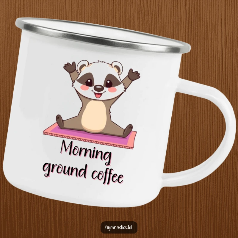 Funny Badger Camping Mug: A cheerful badger does a split on a colorful gymnastics mat, perfect for outdoor flexibility and making a great funny gift.