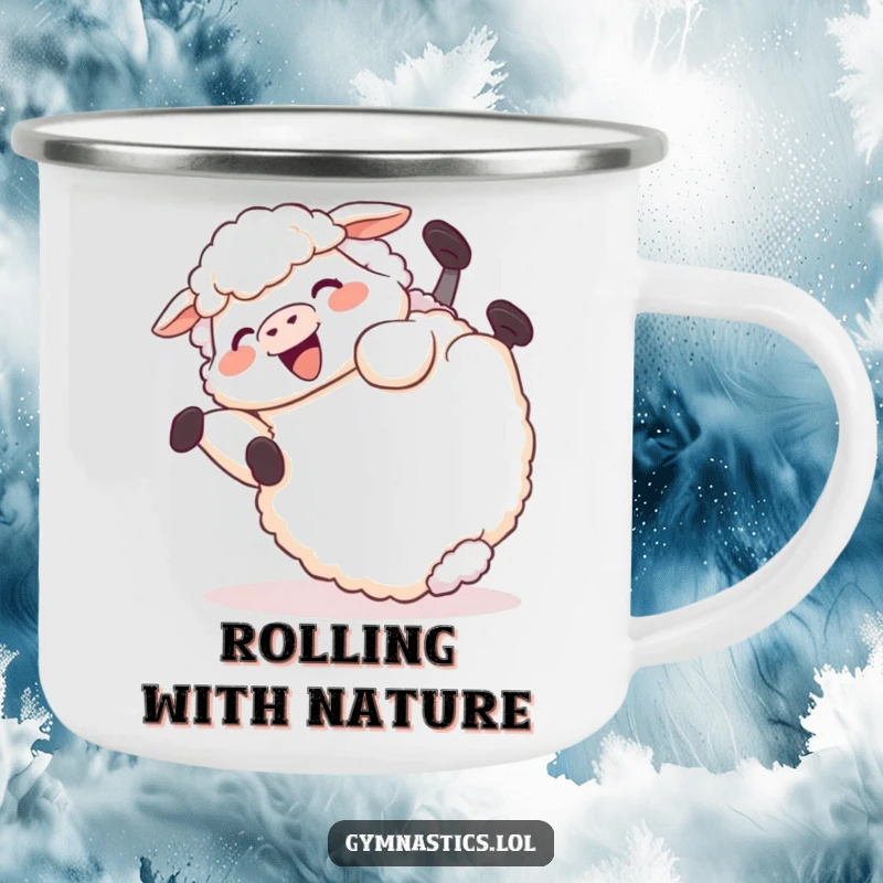 Funny Camping Mug: A giggling sheep rolls end over end in a funny tumble, perfect for enjoying drinks outdoors.
