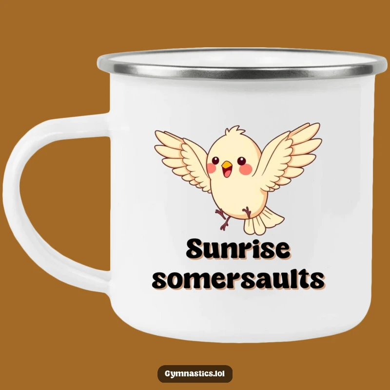 Funny Bird Somersault Camping Mug: Bouncing Outdoor Energy