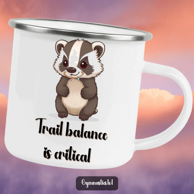 Funny Badger Camping Mug featuring a determined badger balancing a hoop on its nose, perfect for campfire humor.