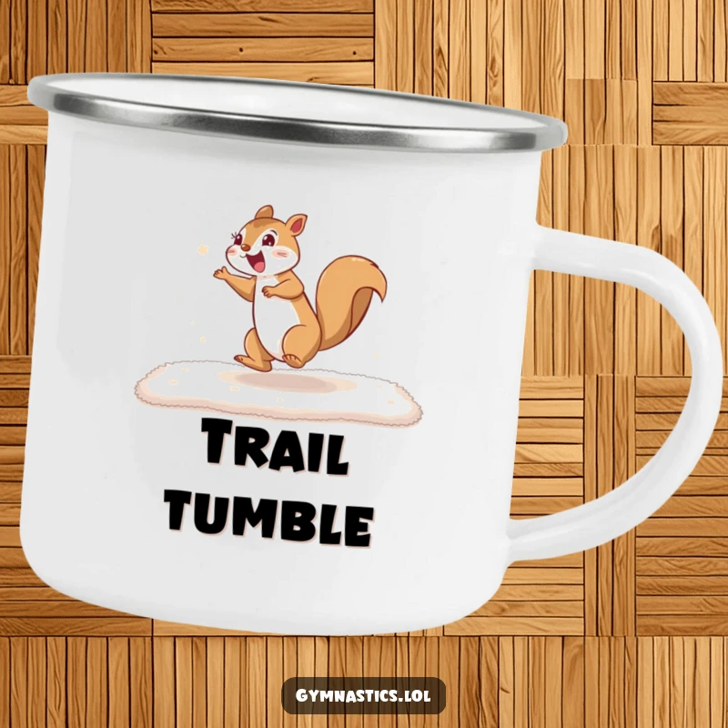 Funny squirrel cartwheel camping mug showing an excited squirrel cartwheeling, perfect for outdoor adventures with a touch of nutty humor.