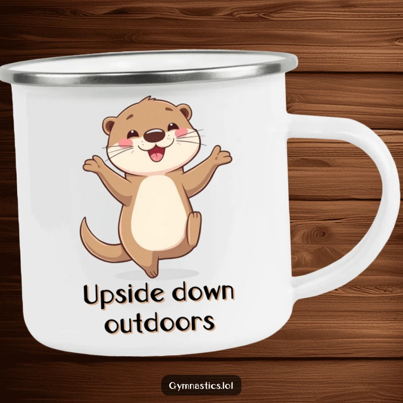 Funny otter camping mug showing a happy otter balancing on one hand, legs in the air, perfect for outdoor enthusiasts enjoying humor.