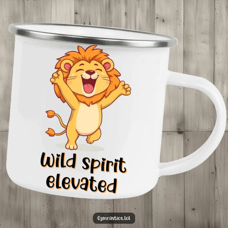 Funny lion camping mug showing a proud lion in a handstand, roaring with glee, ideal for outdoor humor and mighty adventures.