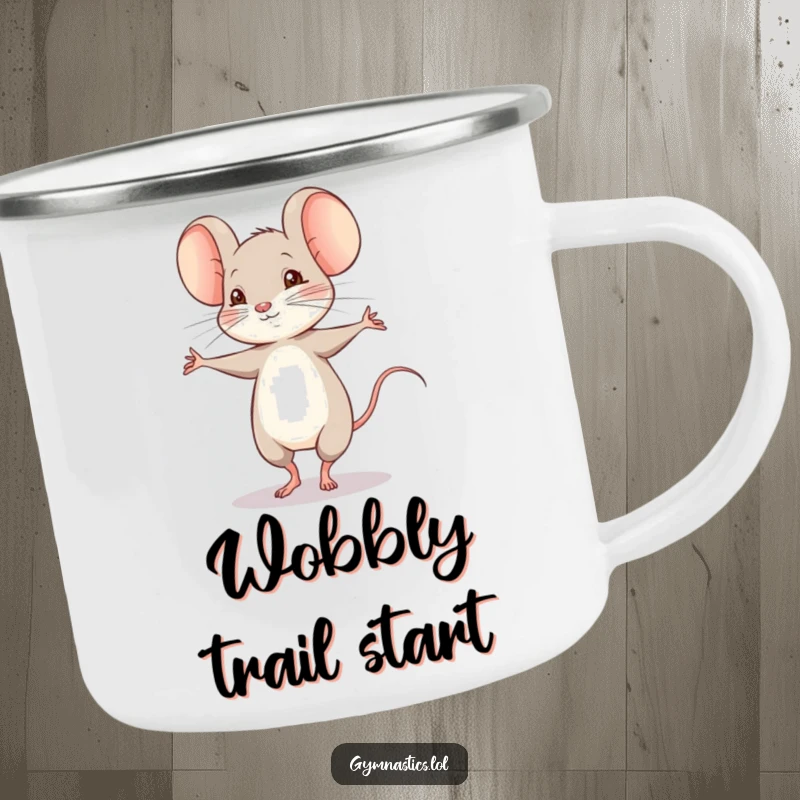 Funny shy mouse performing a shaky pirouette on a camping mug, a durable and humorous mug for outdoor adventures.