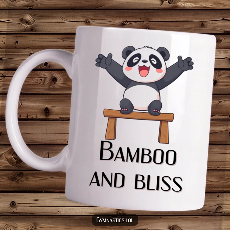 Funny mug featuring a delighted panda balancing serenely on a beam with arms outstretched, showcasing gentle humor.