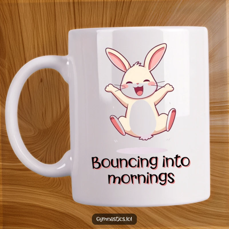 Funny mug featuring a bouncy rabbit performing a cartwheel with sheer joy, conveying boundless energy and happy movement.