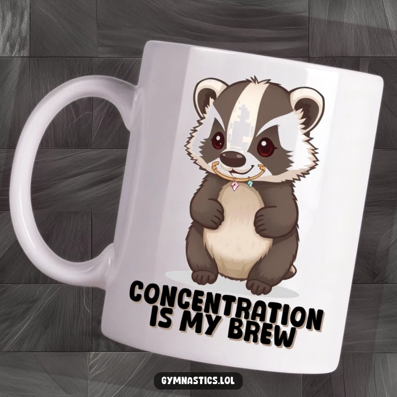 Funny Badger Mug showing a determined badger with intense focus balancing a sparkling hoop on its nose, a humorous circus act.