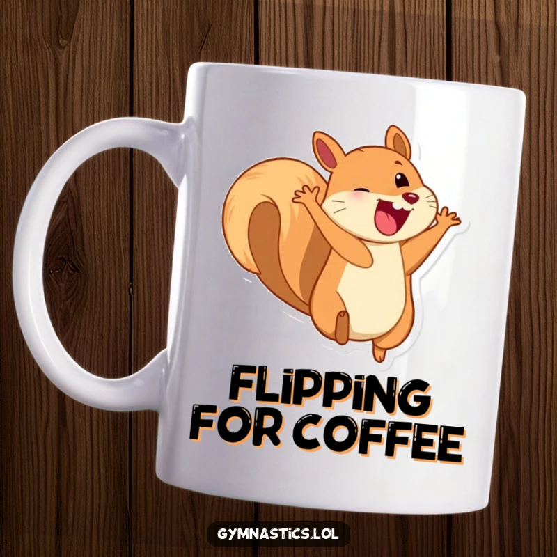 Funny mug featuring a joyful squirrel mid-somersault with a massive, wide grin, radiating playful energy.