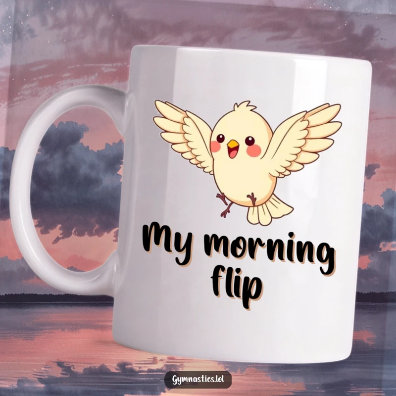 Funny Bird Mug: A bouncing bird does a somersault, wings spread wide, showcasing energetic humor and making a fantastic funny gift.