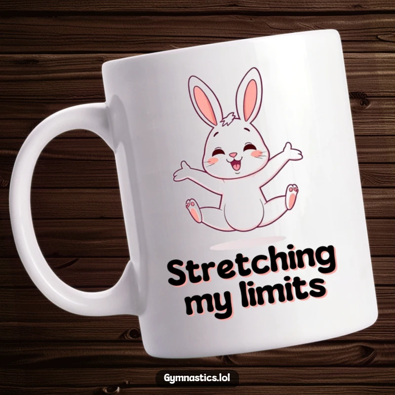 Funny bunny mug featuring a cheerful bunny doing a split with legs comically askew, showing off impressive flexibility.
