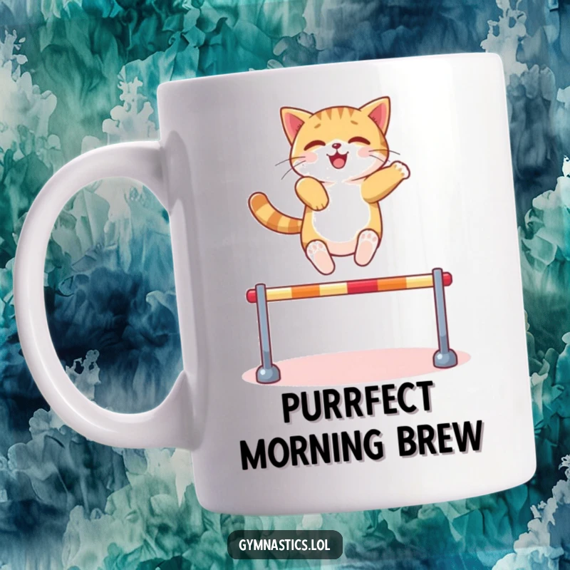Funny Cat Mug: A confident cat leaps over a miniature hurdle with ease, showcasing athletic humor and making a fantastic funny gift.
