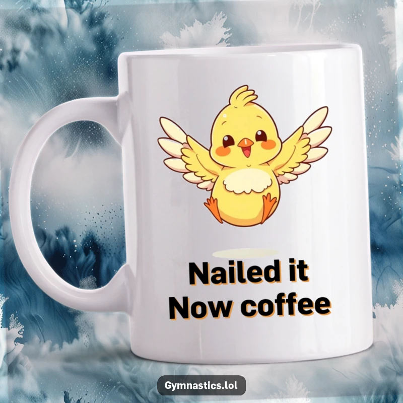 Funny chick landing a jump with wings spread wide, a cheerful and humorous illustration on a mug.