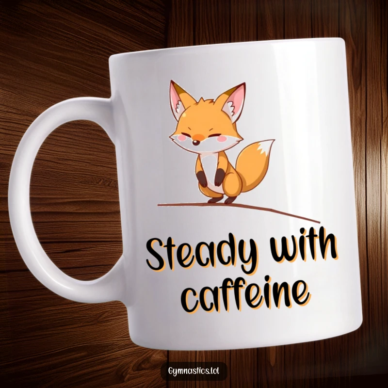 Funny fox mug showing a determined fox precariously balancing on a thin balance beam, conveying focus and comedic tension.