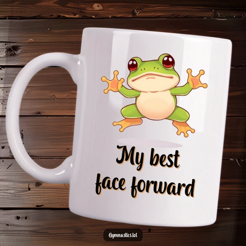 Funny frog mug featuring a leaping frog that has landed awkwardly on its nose, a comical display of effort.