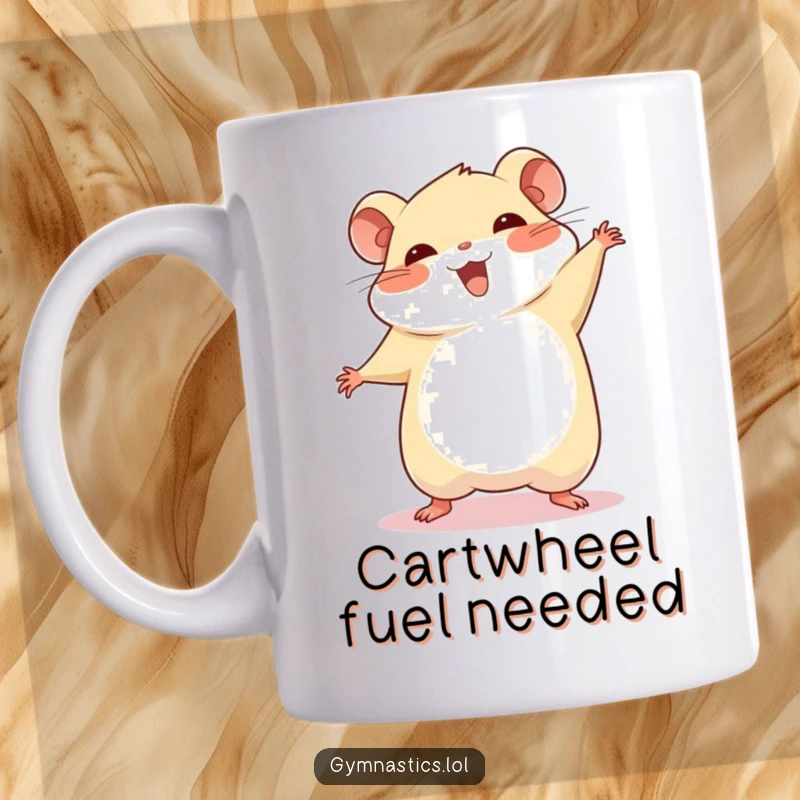 Funny chubby hamster cartwheel mug, showing a proud hamster smiling mid-cartwheel, radiating cheerful accomplishment.